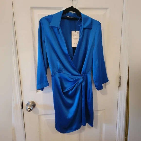 Zara Wrap Front Satin Effect Blue Dress NWT - Picture 5 of 9